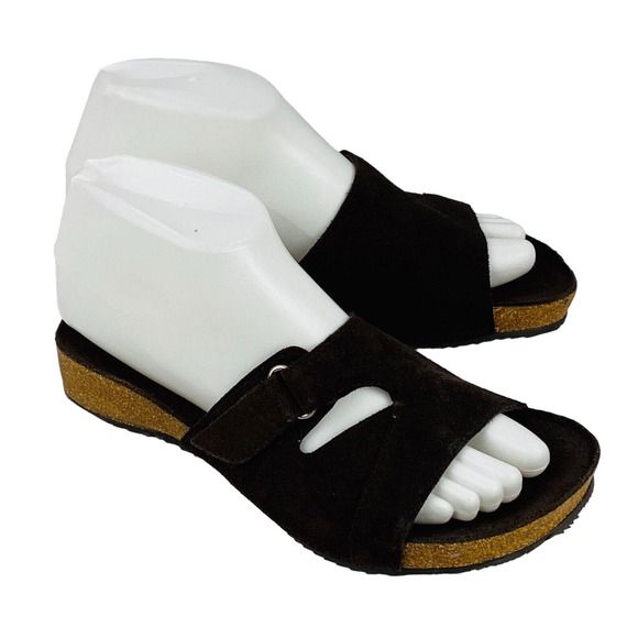 Womens 6M PastDue Sandals Chocolate Brown Suede Cork‎ Soles Mules Slides - Picture 1 of 11